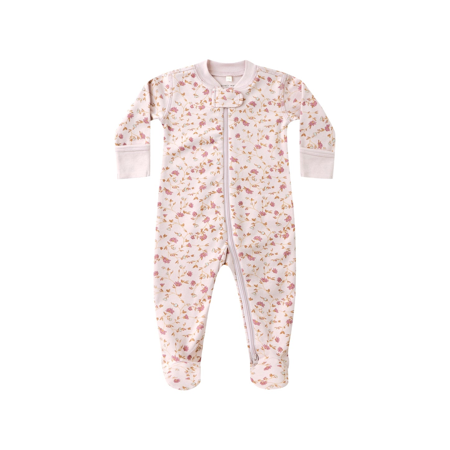 Floral patterned baby onesie on a white background