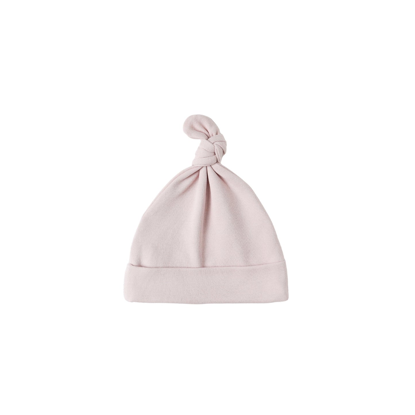 Pink baby hat with a knot on top against a white background
