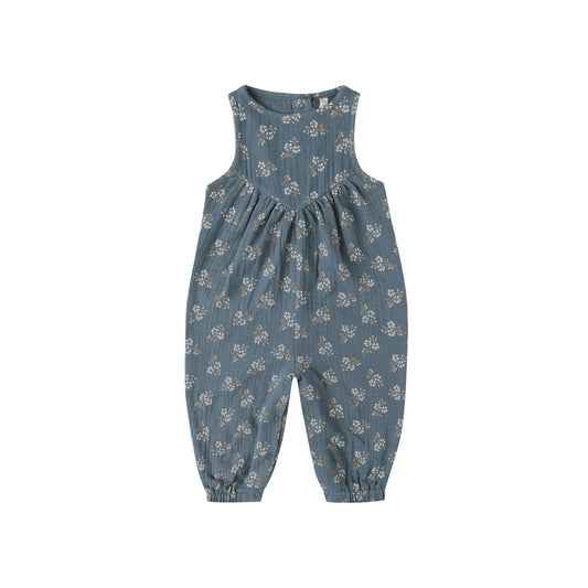 Blue floral-patterned baby romper on a white background