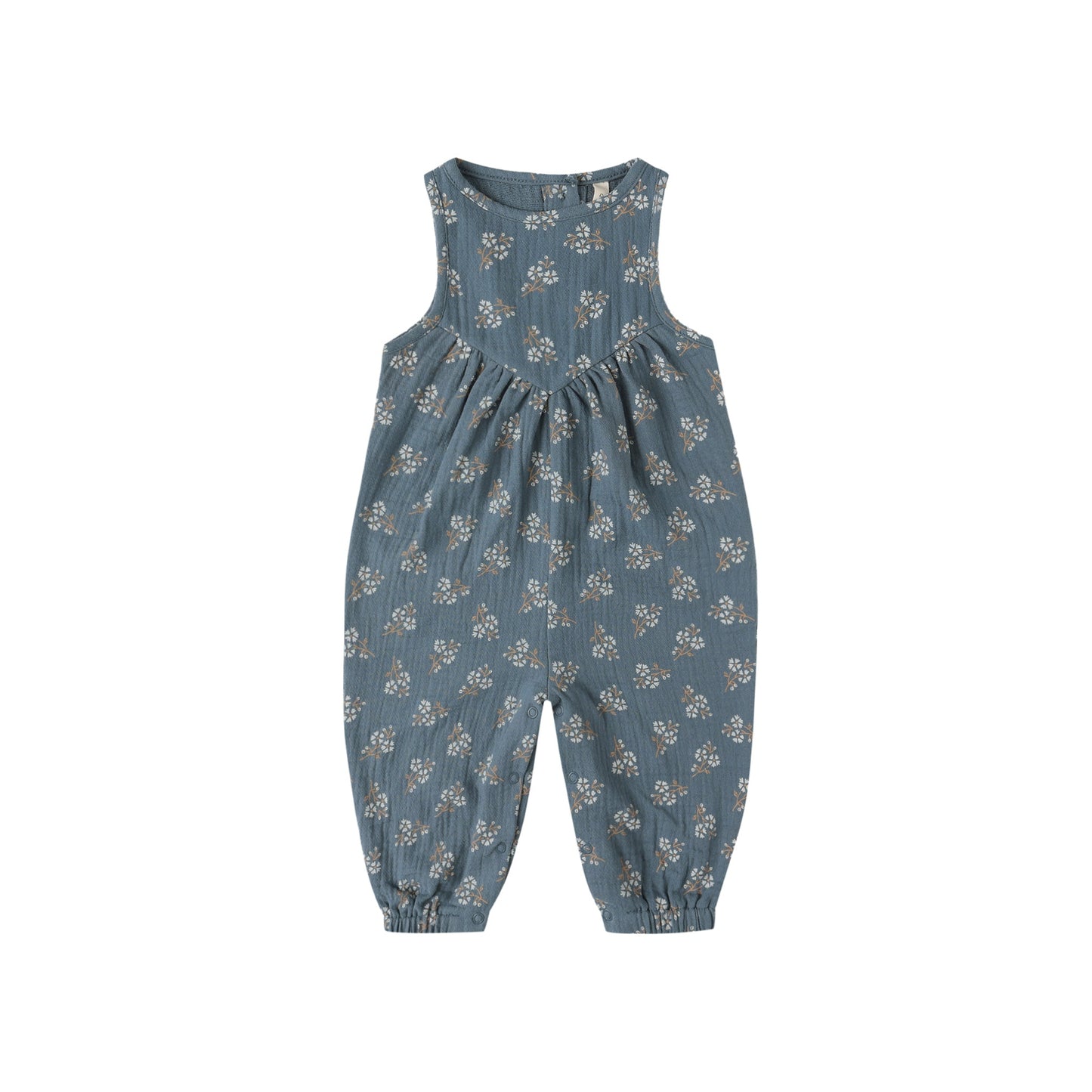 Blue floral-patterned baby romper on a white background