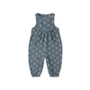 Blue floral-patterned baby romper on a white background
