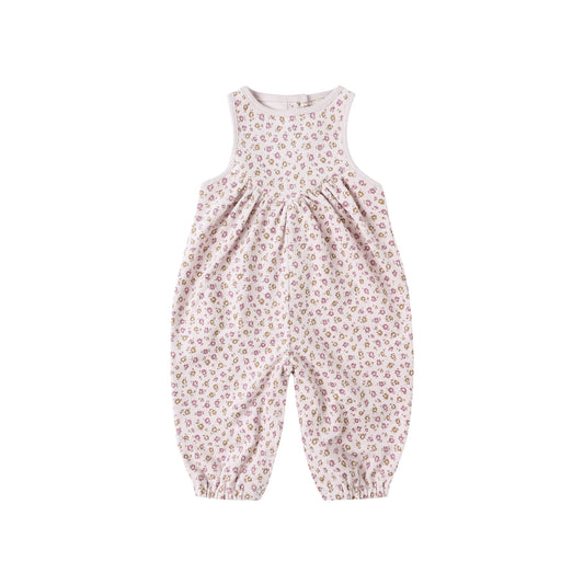 Pink floral baby romper on a white background