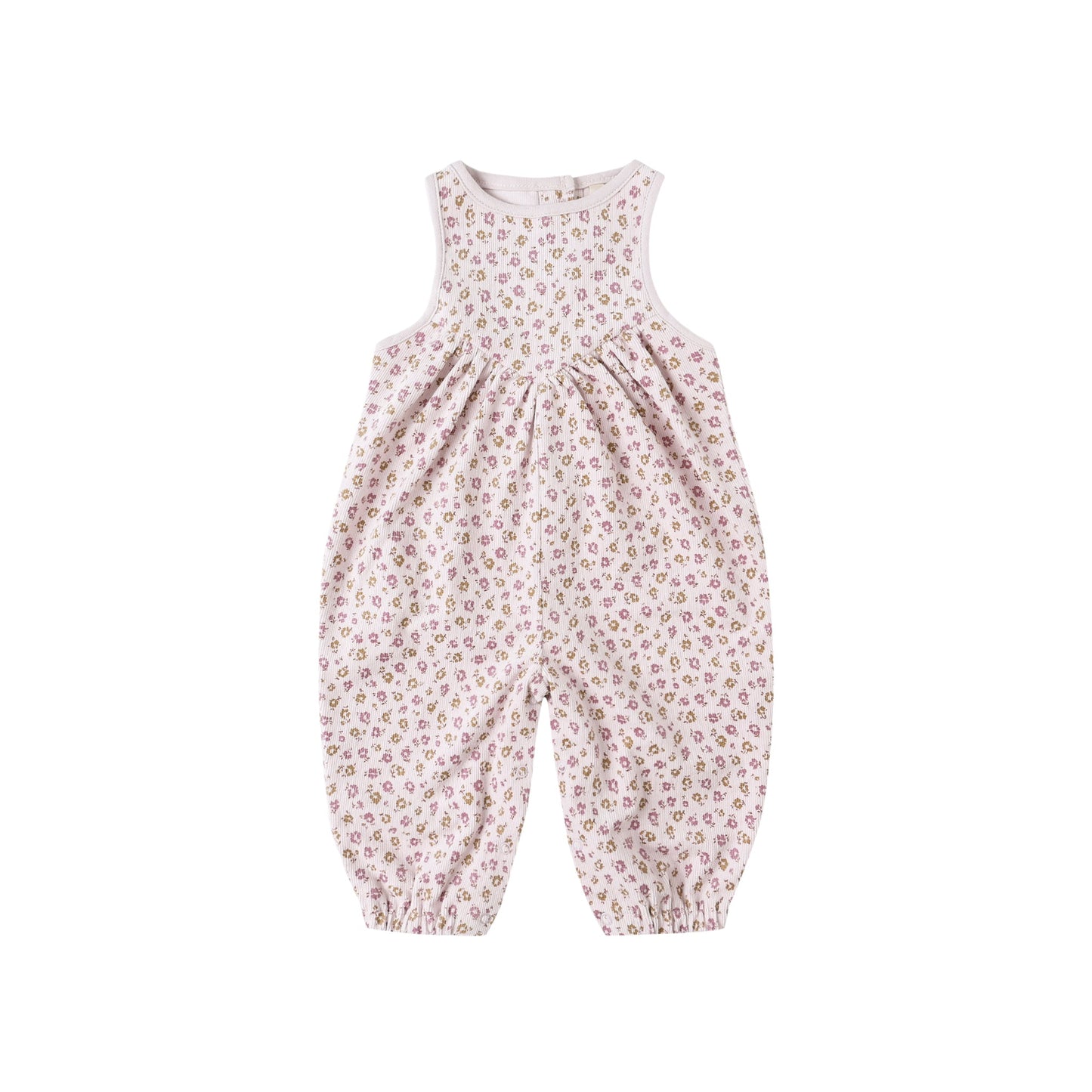 Pink floral baby romper on a white background