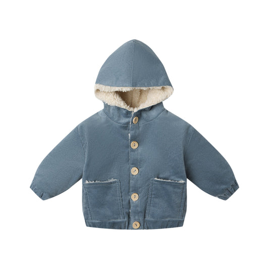 Blue children's jacket with a hood on a white background