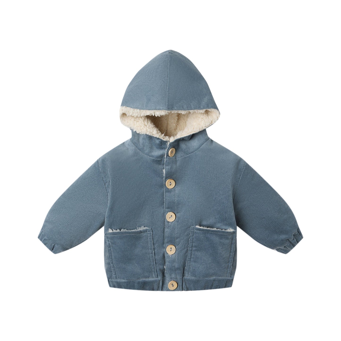 Blue children's jacket with a hood on a white background