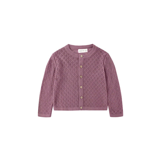 Pink knitted cardigan with button details on a white background