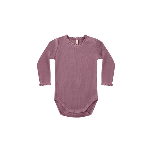Purple baby bodysuit with long sleeves on a white background