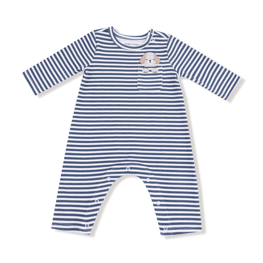 Blue and white striped baby romper with a cartoon character on a white background