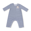 Blue and white striped baby romper with a cartoon character on a white background