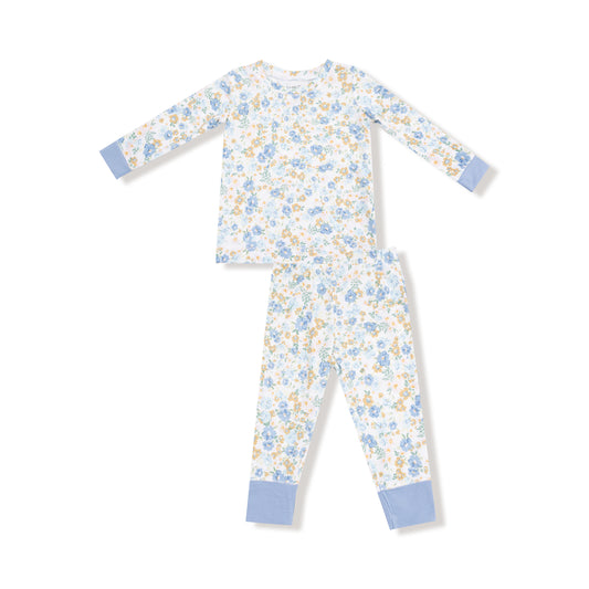 Floral pajama set with blue accents on a white background