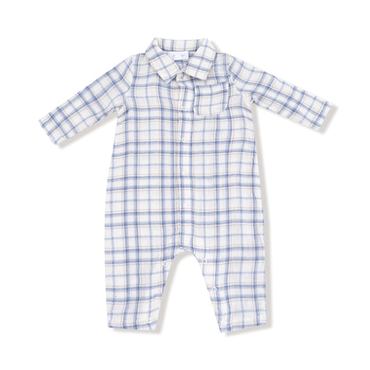 Blue and white checkered baby romper on a white background