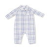 Blue and white checkered baby romper on a white background