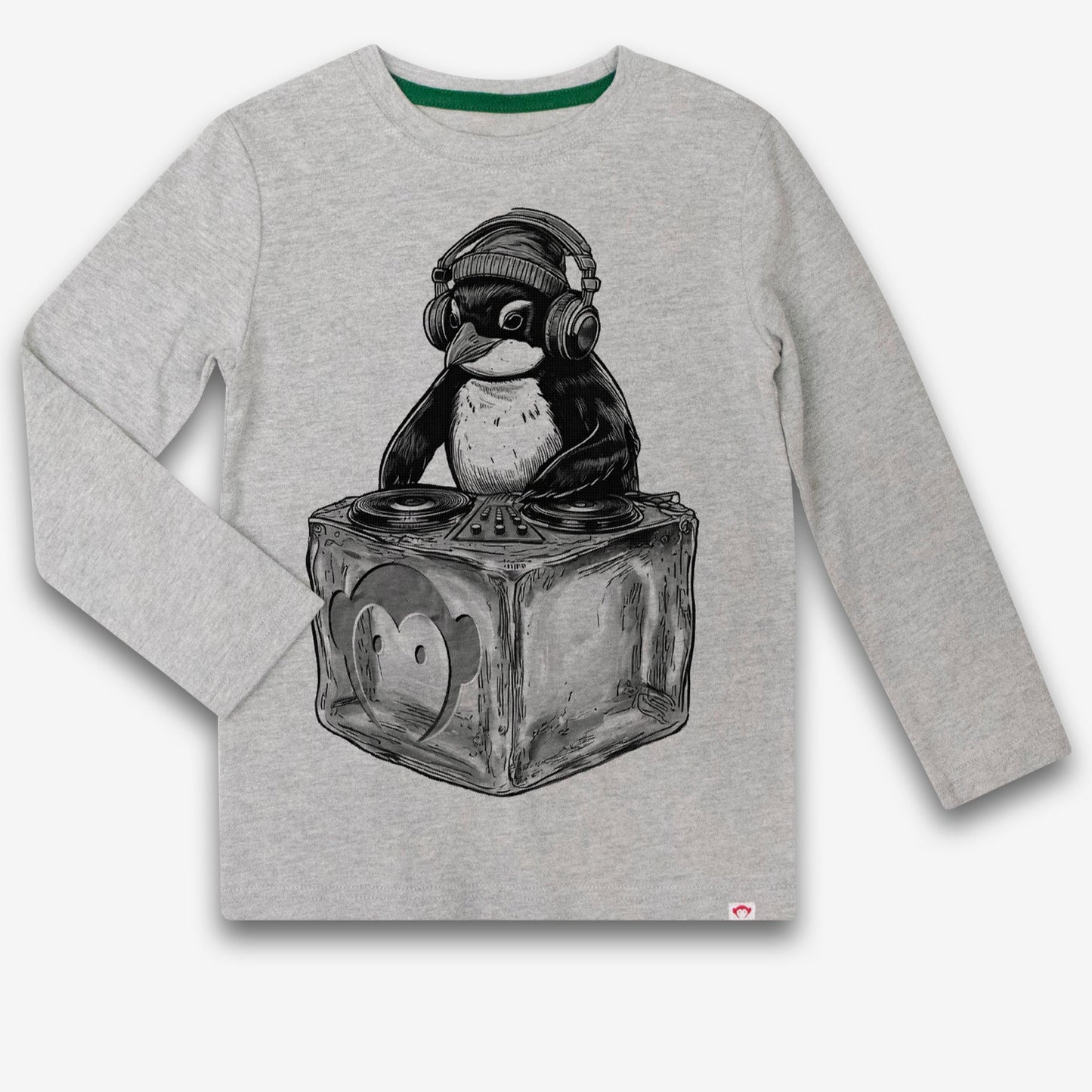 Gray long-sleeve shirt with a penguin DJ graphic on a white background