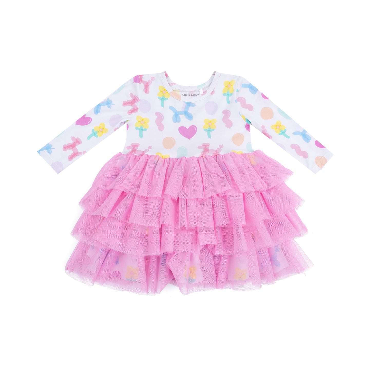 Pink dress with colorful patterns on a white background
