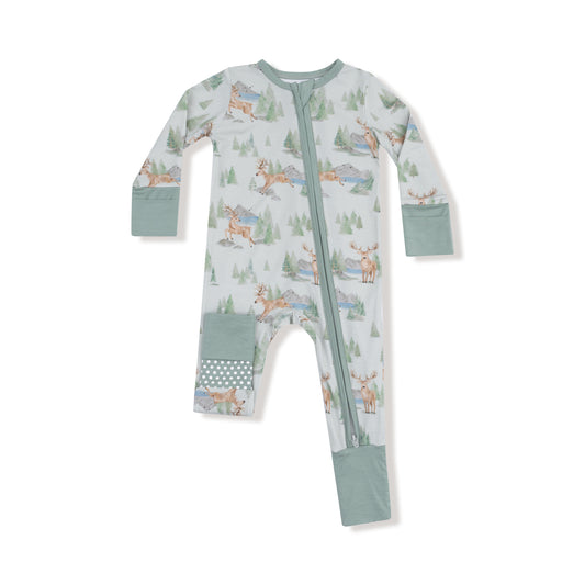 Baby onesie with forest animal pattern on a white background