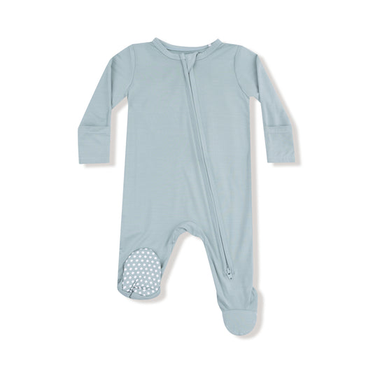 Light blue baby onesie with a zipper on a white background