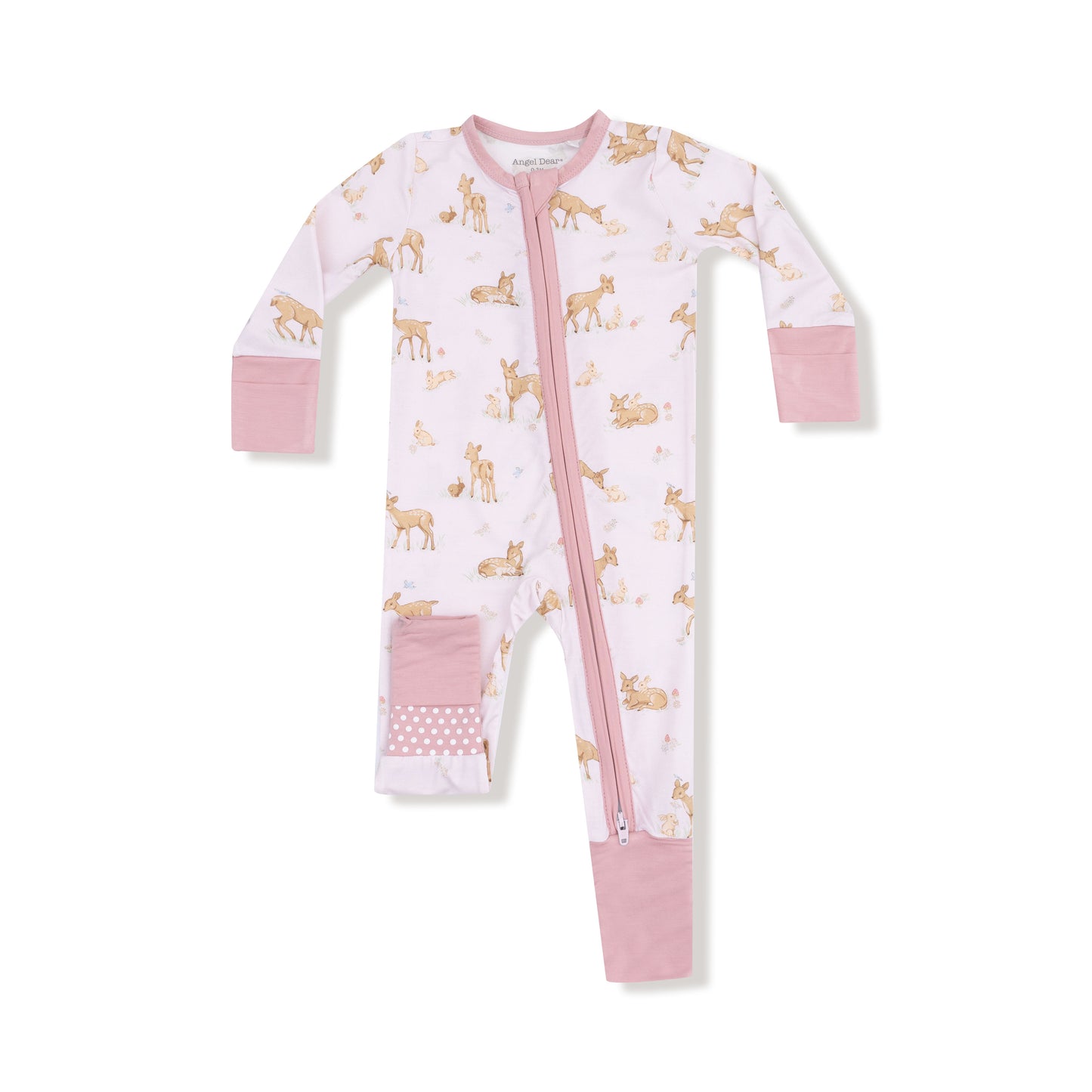 Baby onesie with animal pattern and pink accents on a white background
