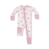 Baby onesie with animal pattern and pink accents on a white background