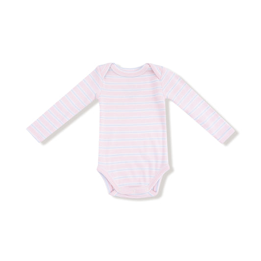 Pink and white striped baby onesie on a white background