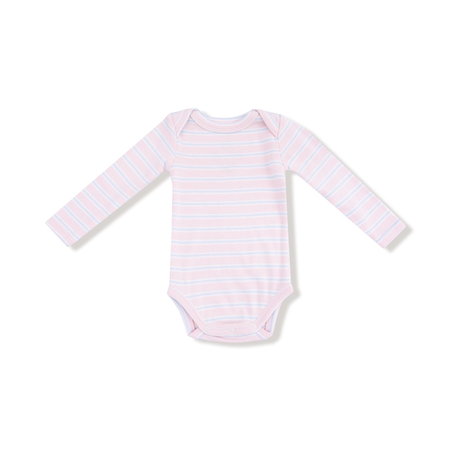 Pink and white striped baby onesie on a white background