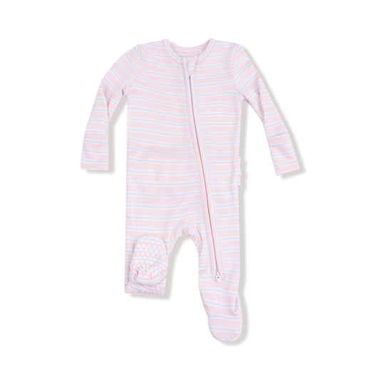 Pink and white striped baby onesie on a white background