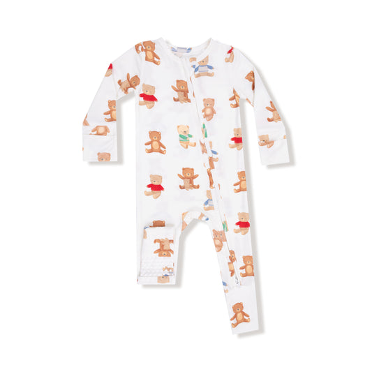 Baby onesie with teddy bear pattern on a white background
