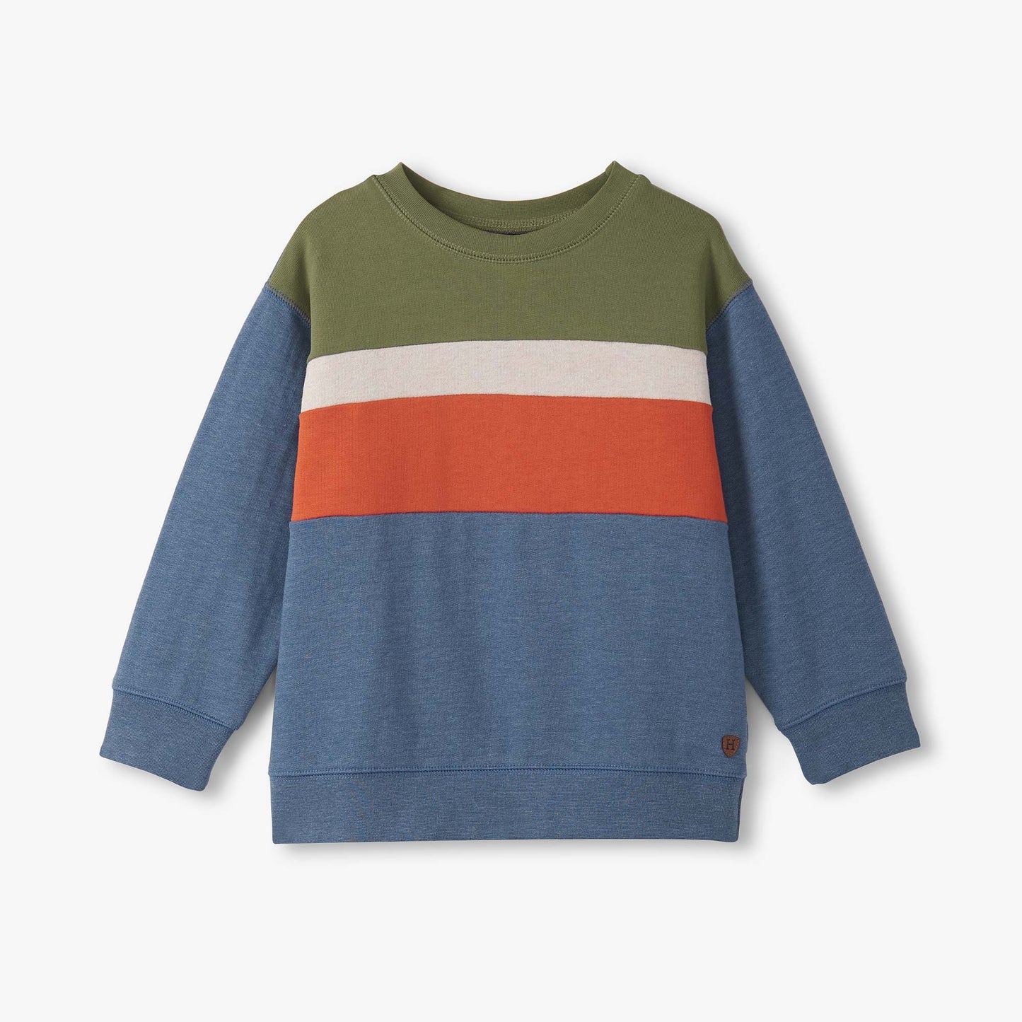 Color-blocked sweater with green, blue, and orange on a white background