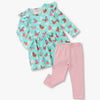 Children's outfit with butterfly-patterned top and pink striped pants on a white background