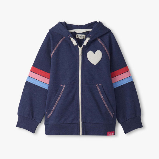Navy blue hoodie with heart design and colorful stripes on a white background