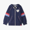 Navy blue hoodie with heart design and colorful stripes on a white background