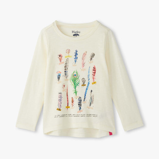 White long-sleeve shirt with feather design on a white background