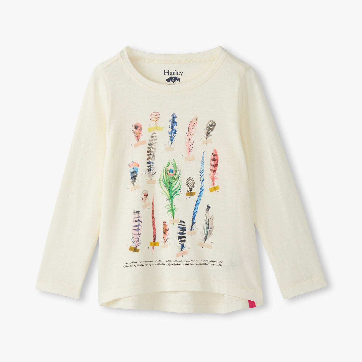 White long-sleeve shirt with feather design on a white background