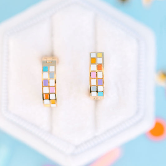 Rainbow Check Huggies Earrings