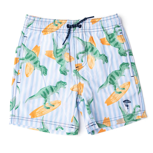 Swim shorts with dinosaur and surfboard pattern on a white background