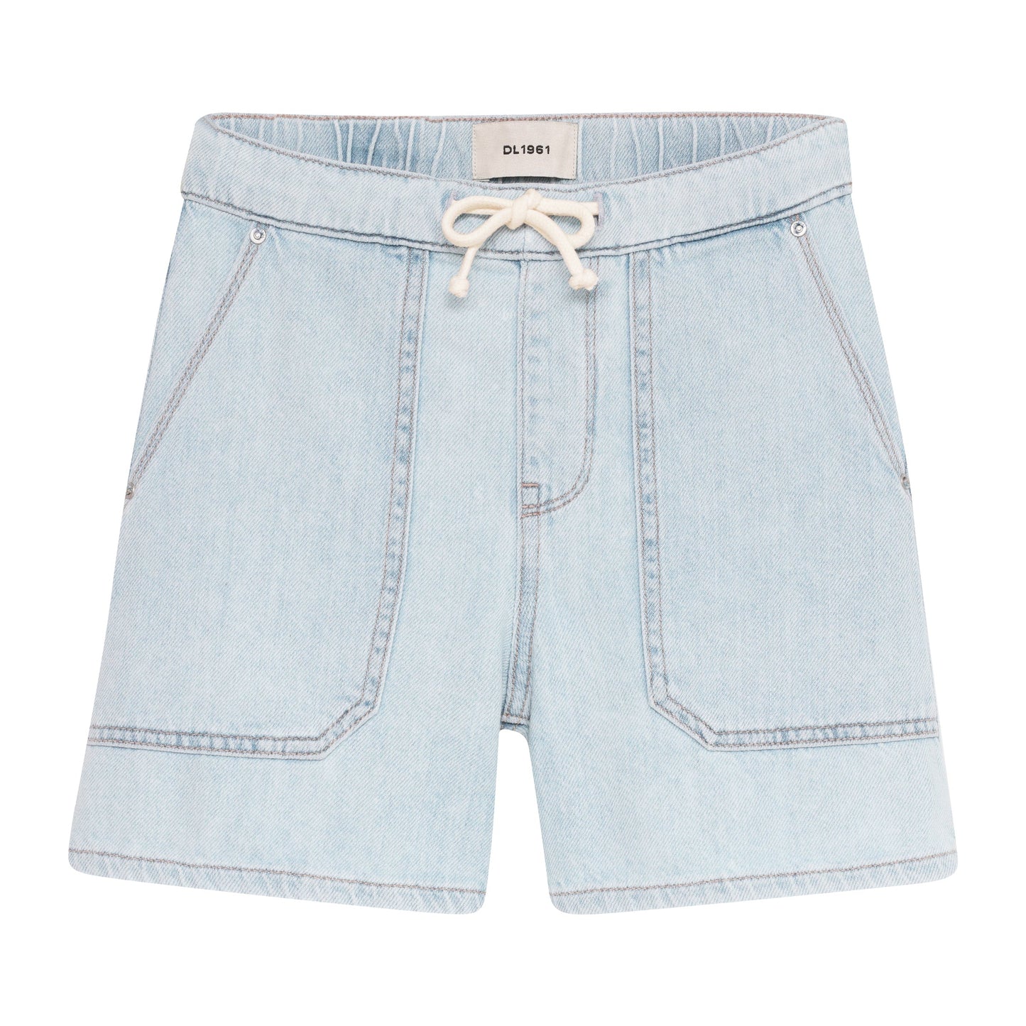 Light blue denim shorts with a drawstring on a white background