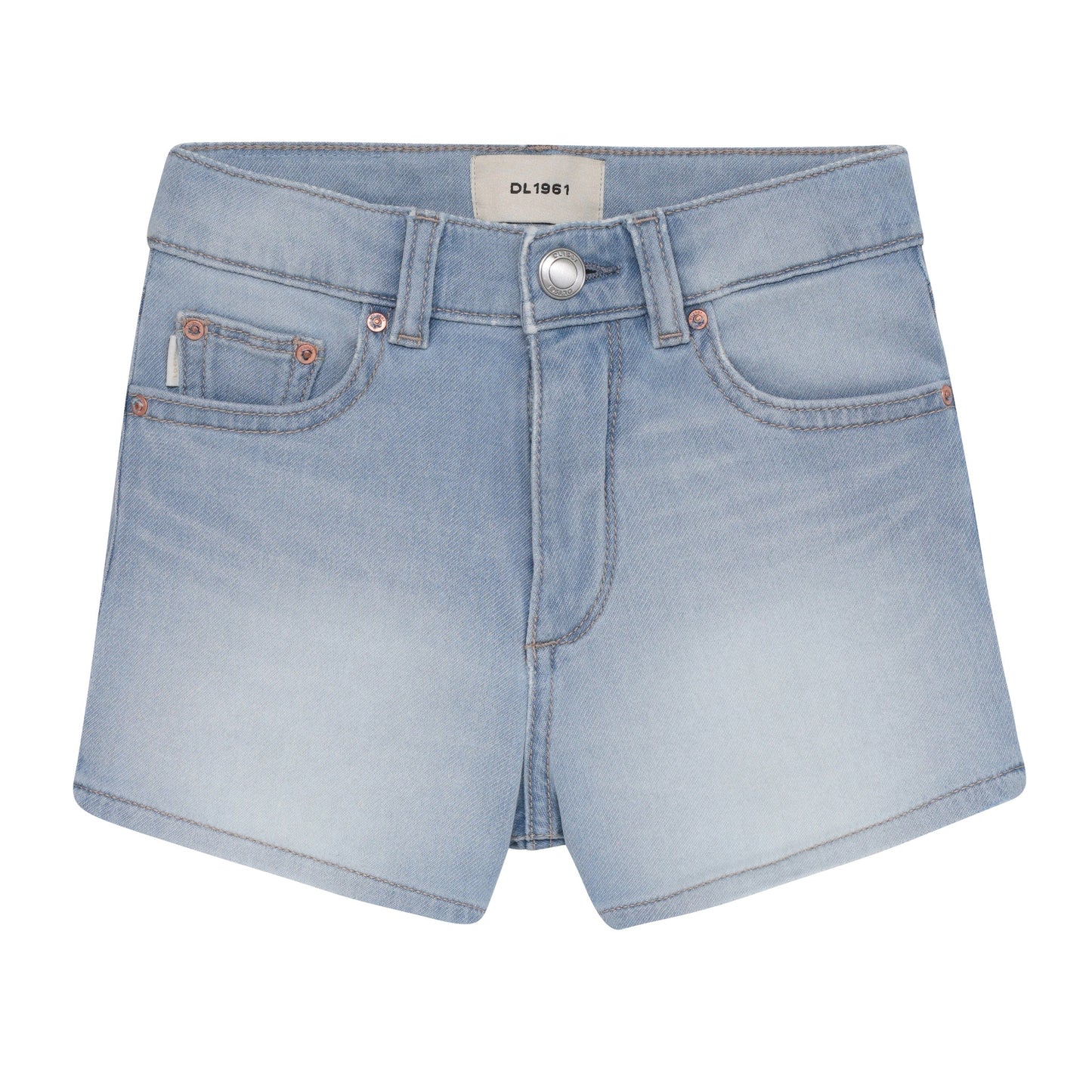 Light blue denim shorts on a white background