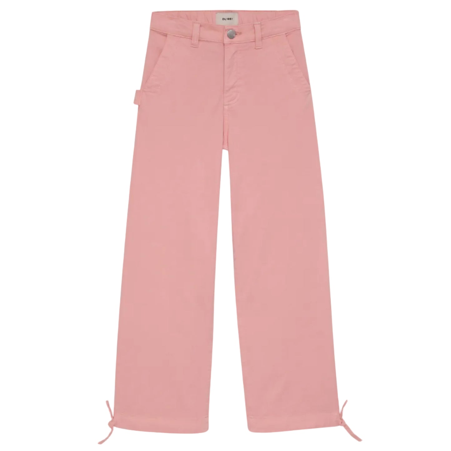 Pink jeans with a brand label on a white background