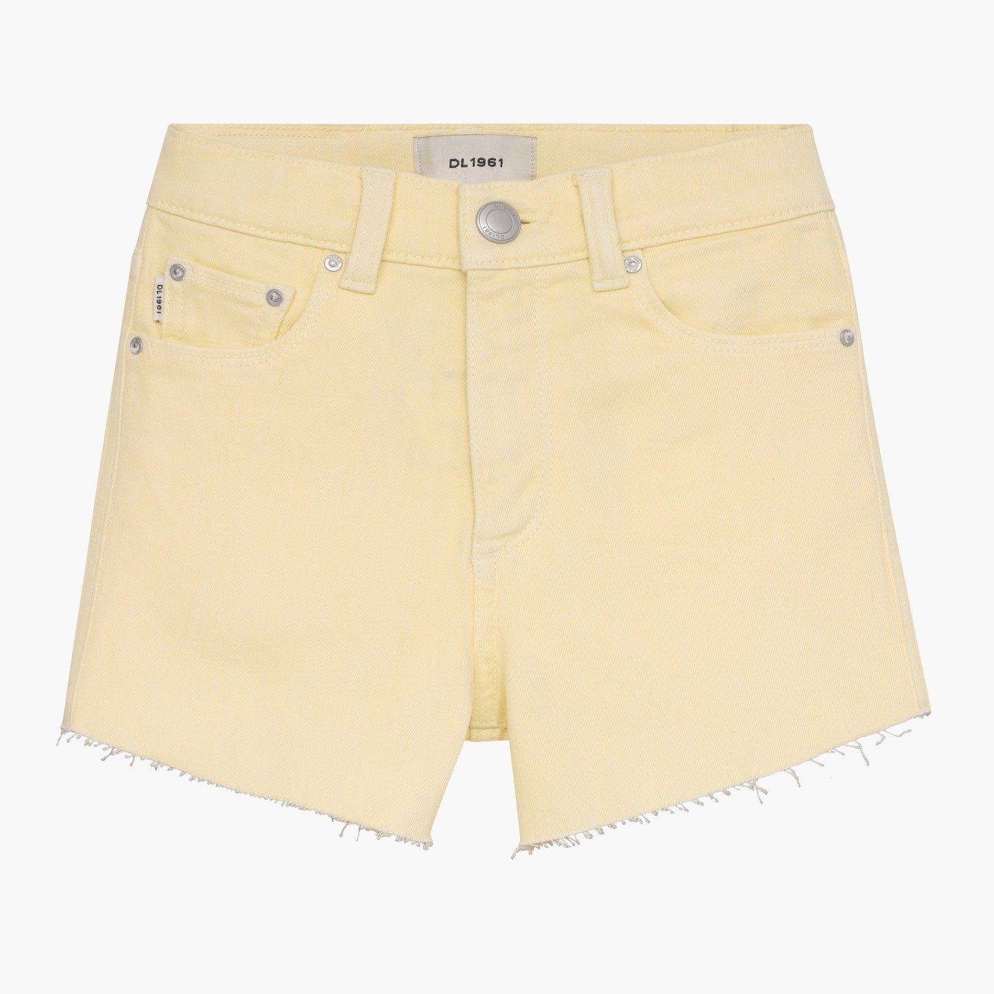 Yellow denim shorts on a white background