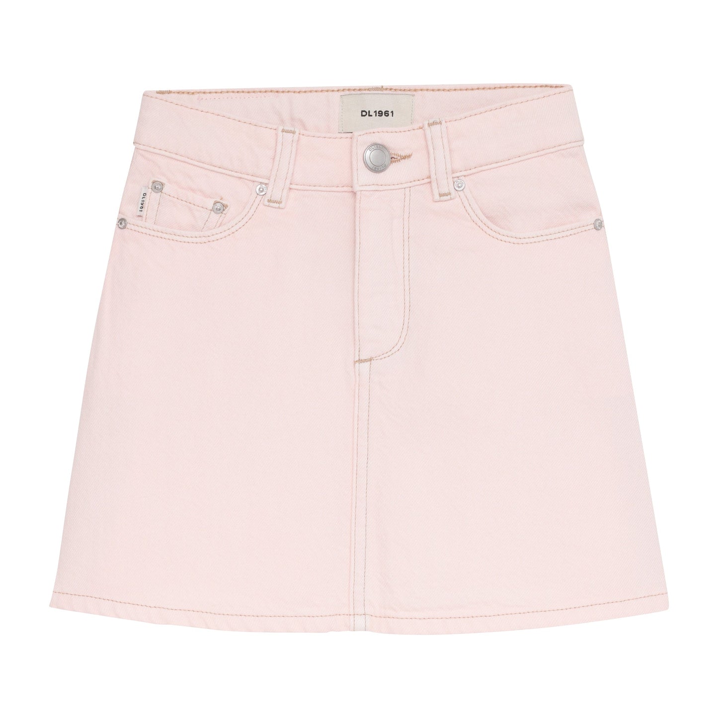 Pink denim skirt on a white background