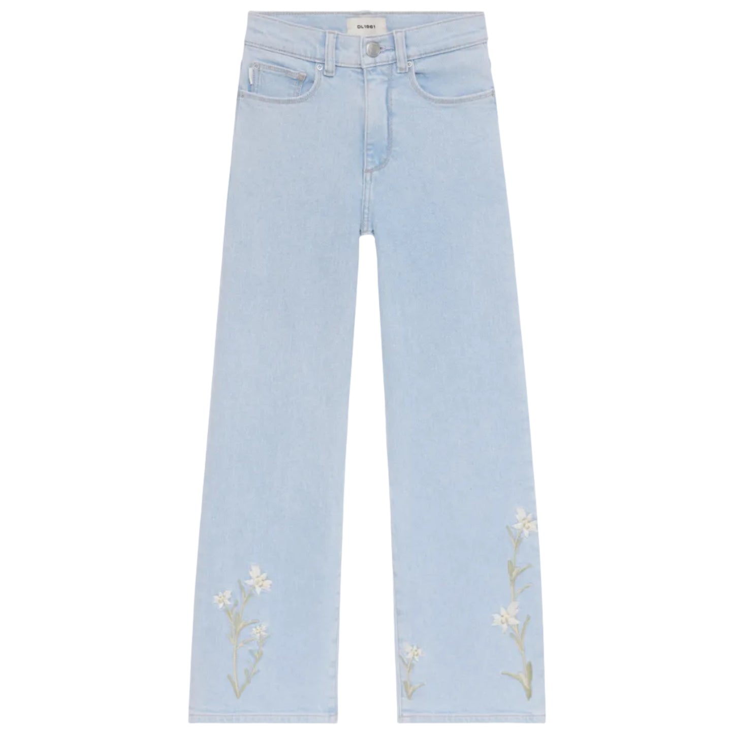 Denim light jeans with embroidered white flowers