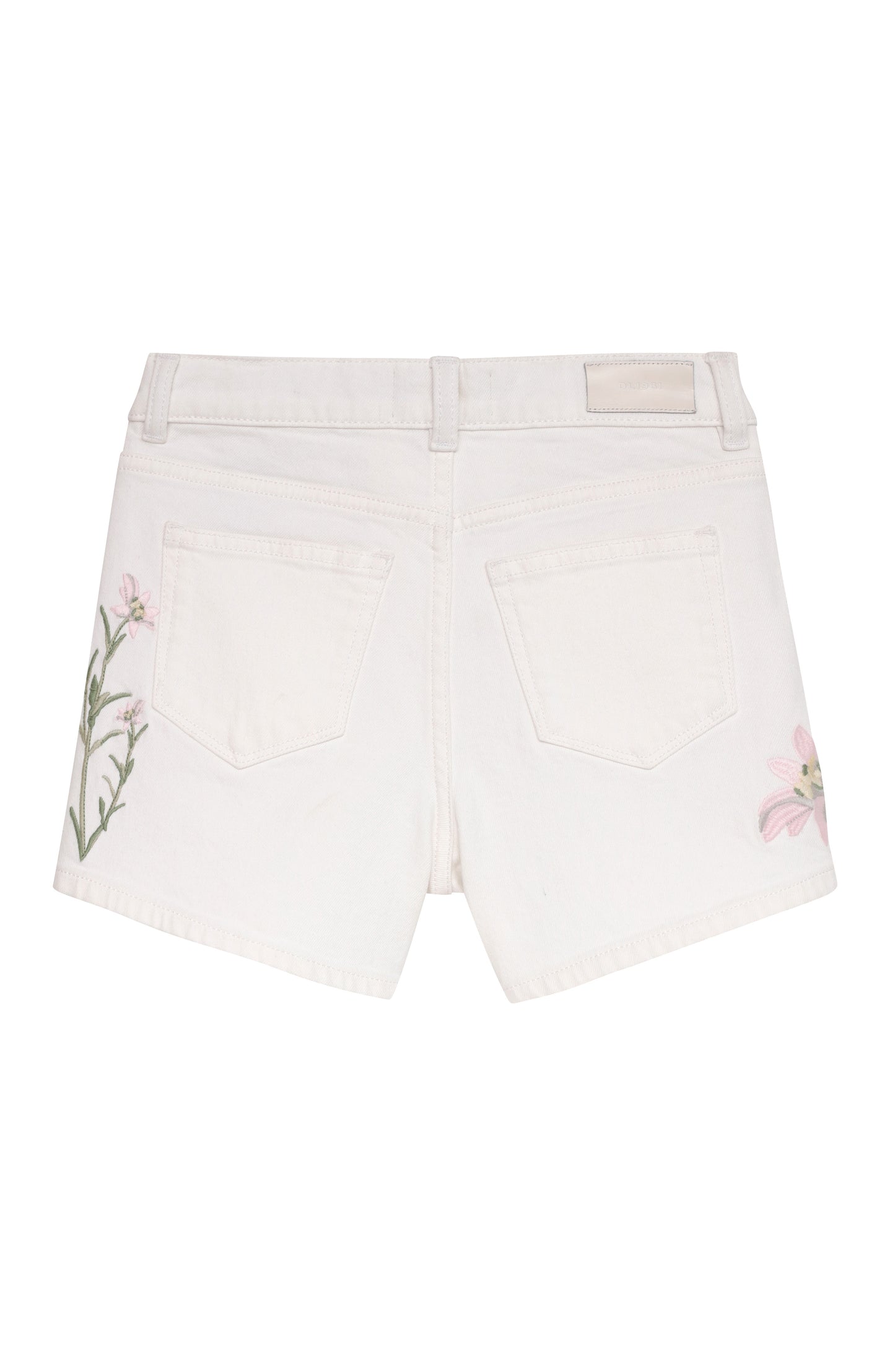 White shorts with floral embroidery on a white background