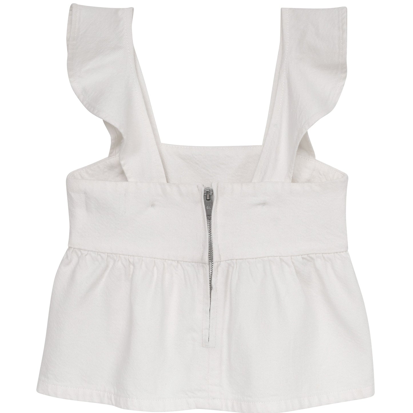 White top with ruffled straps on a white background
