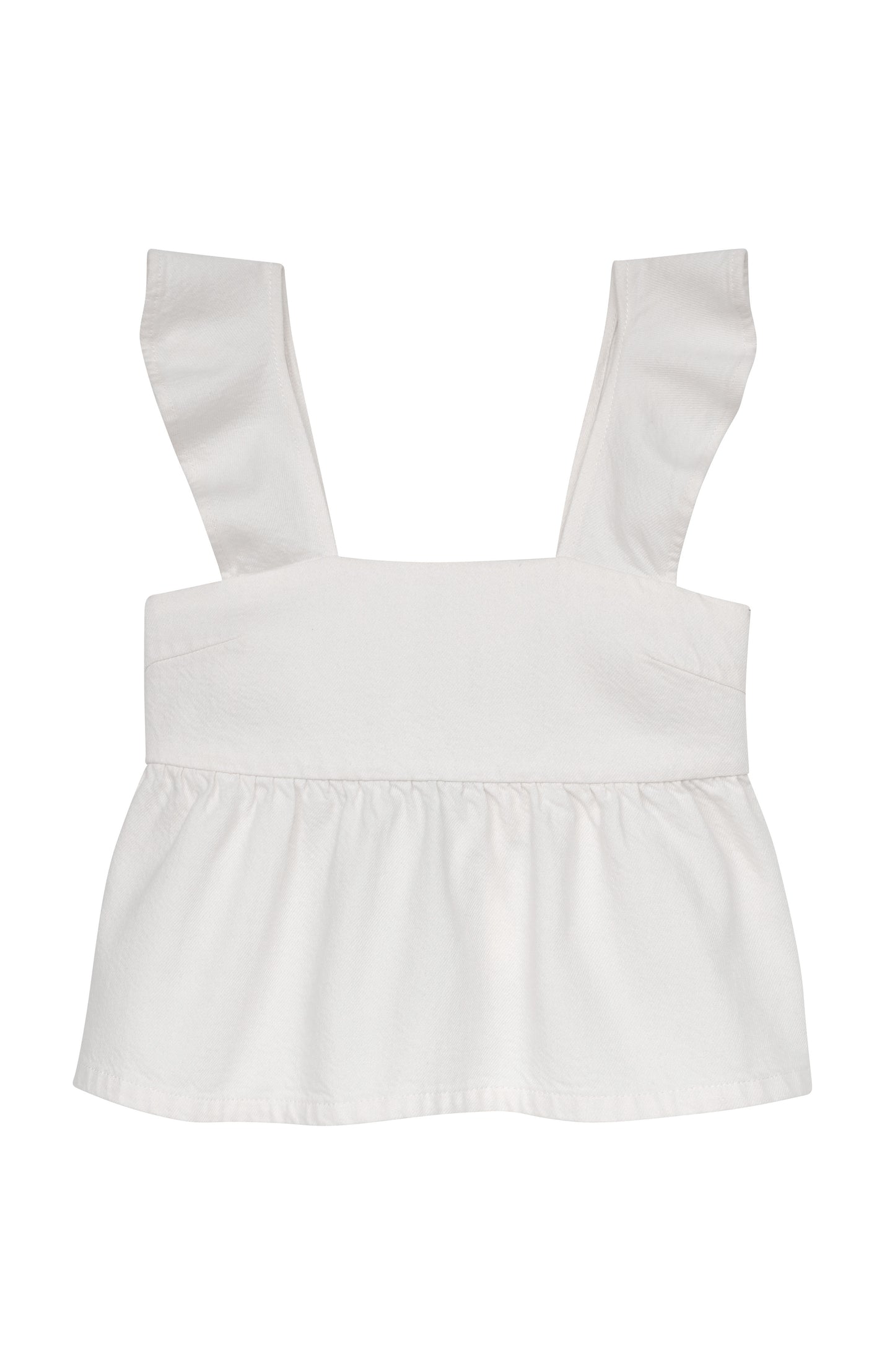 White top with ruffled straps on a white background