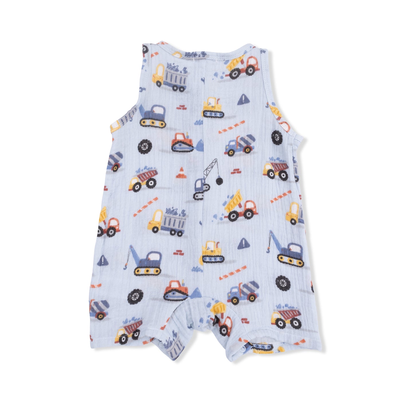 Light blue baby romper with construction vehicle pattern 