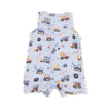 Light blue baby romper with construction vehicle pattern 