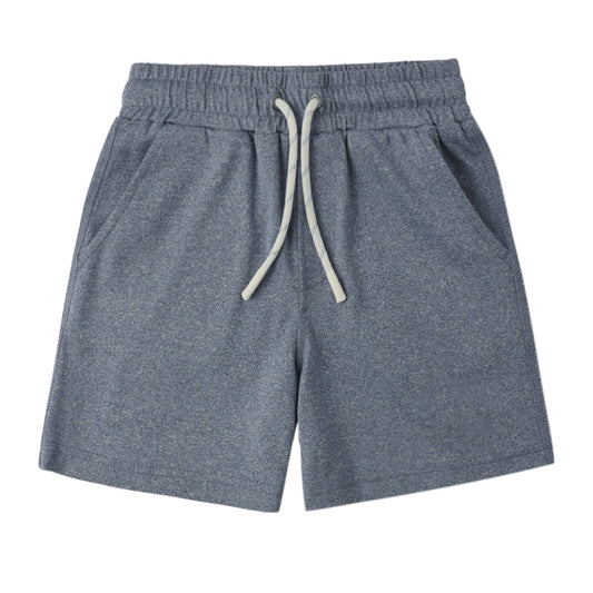 heathered navy shorts with a drawstring on a white background