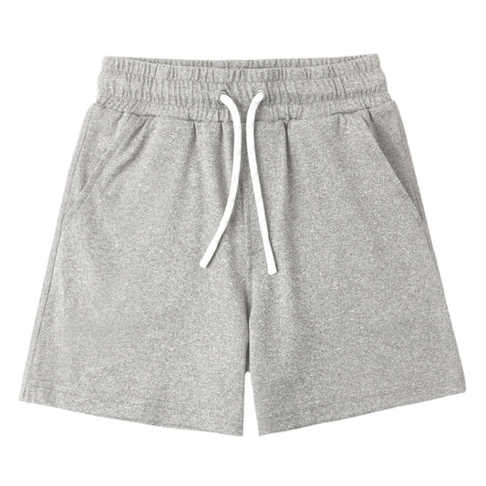 Gray shorts with a white drawstring on a white background