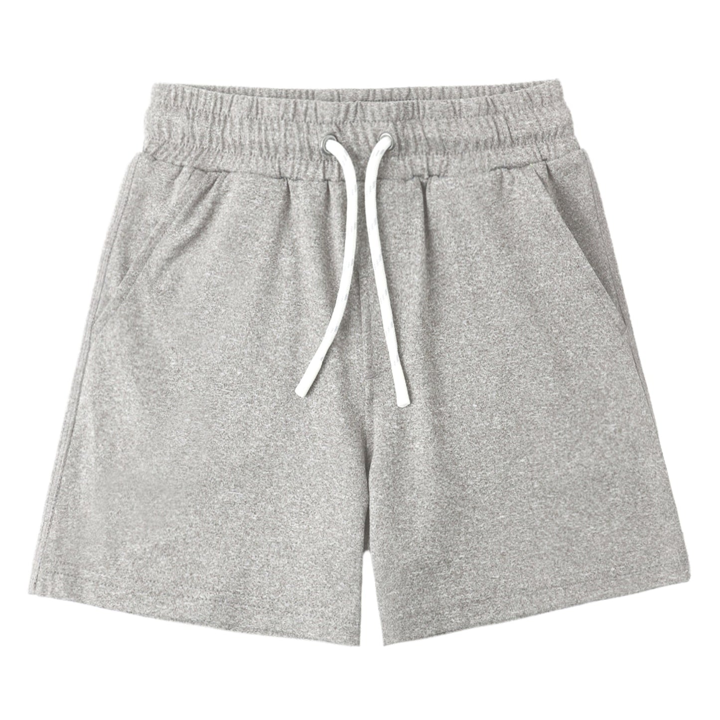 Gray shorts with a white drawstring on a white background