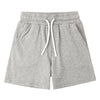 Gray shorts with a white drawstring on a white background