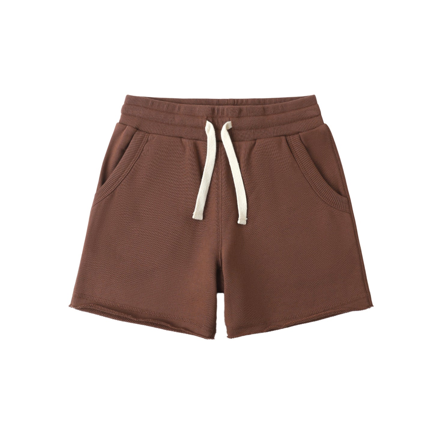 Brown shorts with a white drawstring on a white background